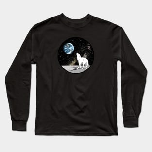 White Wolf Howling at Earth from Moon Long Sleeve T-Shirt